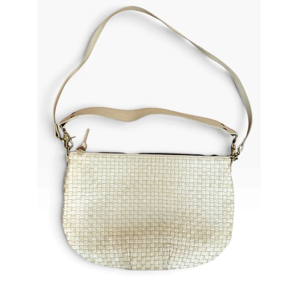 Clare V. Moyen Messenger Cream Woven Leather Crossbody Shoulder Bag 2 Straps
